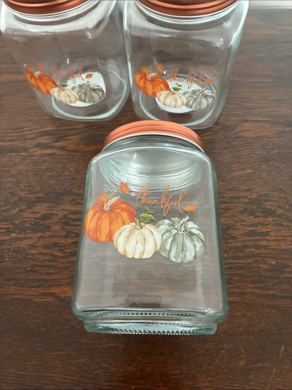 NWT- Set of 3- THANKFUL- Pumpkin Trio Harvest Glass Jars w/ Screw On Copper Lid
